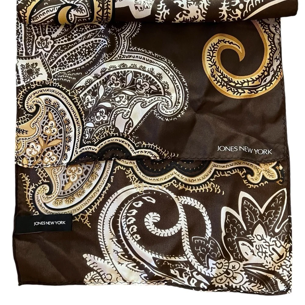 JONES NEW YORK Oblong Silk Scarf, Brown / Gold Bandanna Print